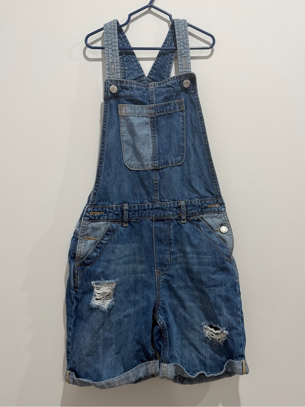 GAP Girls Blue Distressed Denim Short Overalls XL